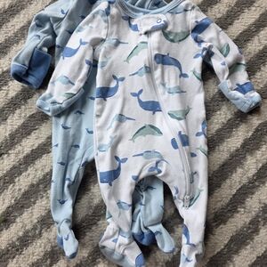 Cloud Island Blue and Green Whale Print Footed Onesie